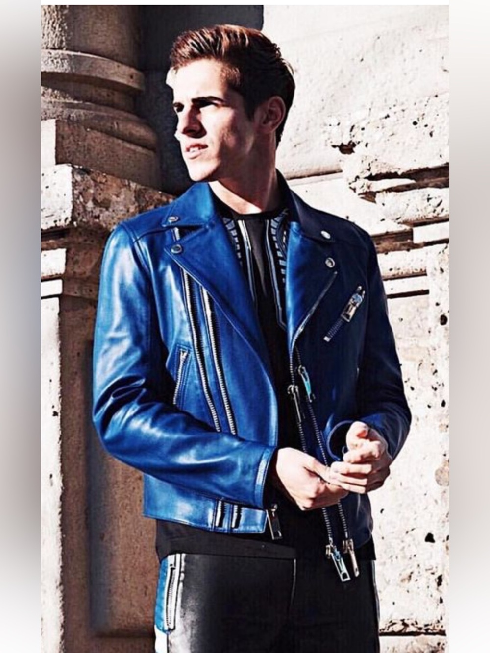 Les Hommes Electric Blue Leather Biker Jacket